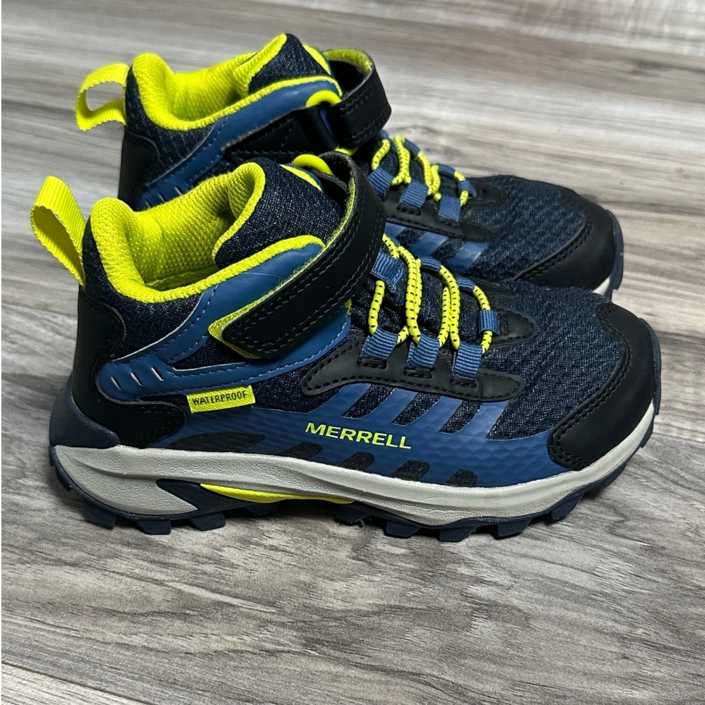 Merrell Moab Speed 2 Mid Waterproof Kids Hiking Boots Blue Yellow Size 13 EUC!